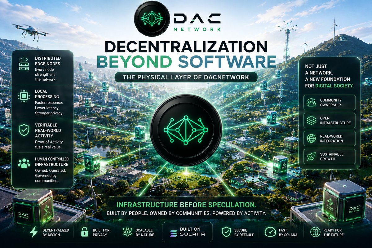 DACLabs's tweet photo. Decentralization doesn't stop at software.

DAC Smart Systems extends it into the physical world through DePIN.

Distributed edge nodes.
Local processing.
Verifiable real-world activity.
Human-controlled infrastructure.

The goal isn't to build another network.

The goal is to build infrastructure that communities can actually own and operate.

⚡ Infrastructure before speculation.

#DACnetwork #DePIN #Solana #DACSmartSystems #Web3 #Infrastructure #EdgeComputing #BuildInPublic #ProofOfActivity #DigitalSociety