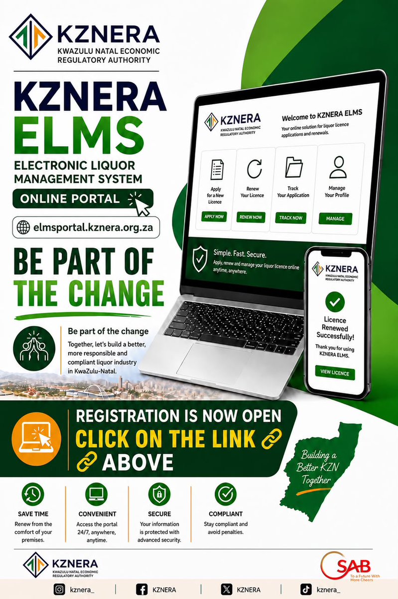 KZNERA's tweet photo. Did you know? KZNERA is rolling out the Electronic Licence Management System (ELMS) — a new, convenient way to renew your liquor licence online.
Get ahead of the curve and register today:
https://t.co/VGGpnSm1um

#ONEKZNERA #ELMS #OnlineRenewals https://t.co/1S0r8Ju6jN