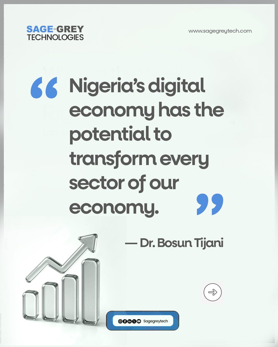 sagegreytech's tweet photo. Nigeria’s digital economy has the potential to transform every sector of our economy.” - Dr. Bosun Tijani
🚀How do you think technology is changing the future of businesses in Nigeria and Africa? Let’s discuss in the comments. 👇
#SageGreyTech #DigitalTransformation https://t.co/6ODpHVkKWg