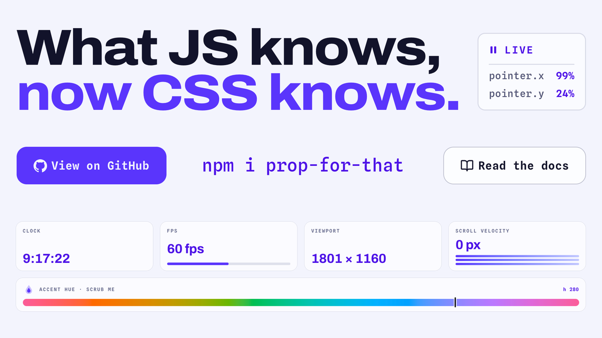 webstandardsdev's tweet photo. CSS reacts, JS just listens. @argyleink’s prop-for-that library exposes runtime state to CSS through custom properties: pointer position, scroll velocity, battery, viewport, and 16+ more, no event handlers needed. #css #js

https://t.co/xHXfY4k6H6 https://t.co/dBMRKfHFEw