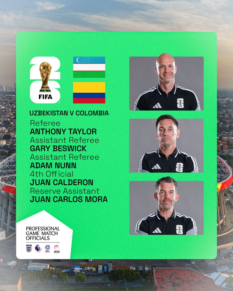 prorefofficial's tweet photo. Anthony Taylor, Gary Beswick and Adam Nunn have received their first appointment at the FIFA World Cup! 🏆

The English trio will take charge of the Group K fixture between Uzbekistan v Colombia on Thursday, kick-off 3am UK time 💪 https://t.co/rxJFGXm5oa