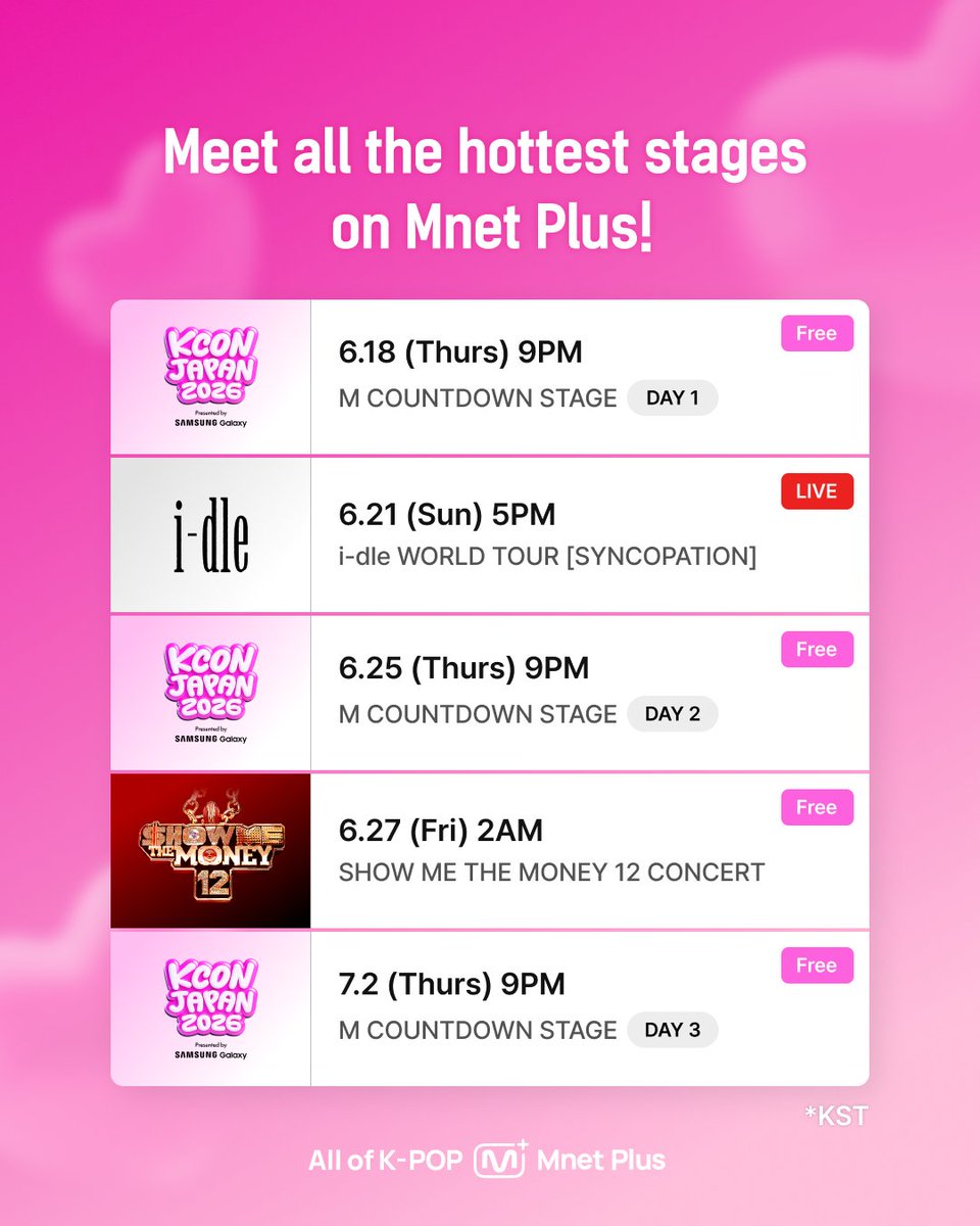 mnetplus's tweet photo. Starting this week! Mnet Plus Contents LINEUP🙌

The stages you’ve been waiting for, all on Mnet Plus🤩
Don’t miss out!
👉https://t.co/WQk0F6FZpu

#VotePlayLove #All_of_KPOP #MnetPlus #엠넷플러스
#KCONJAPAN2026
#SHOWMETHEMONEY12
#idle https://t.co/odu7XZfTeV