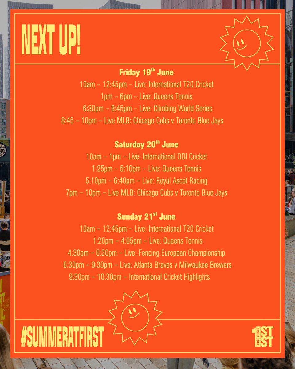 firststreetmcr's tweet photo. Sun’s out, screen’s on. 📺📍

Manchester's set for a lovely warm weekend (hello 24°C 👋), so why not join us in the city's best al fresco neighbourhood? 

Swipe to see what’s on 👉

#mcrlife #mcrevents #manchester https://t.co/QMy985lQL1