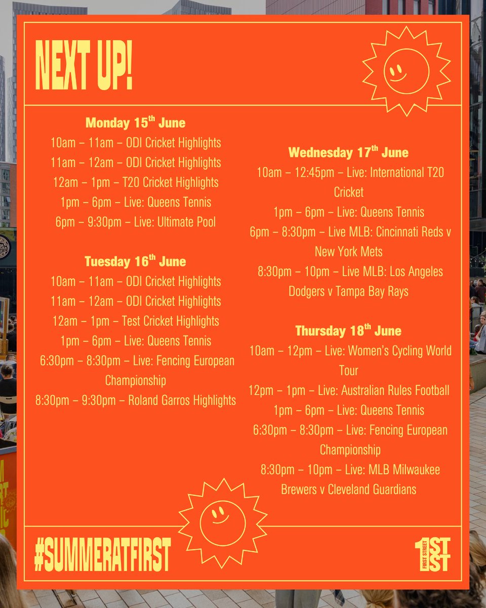 firststreetmcr's tweet photo. Sun’s out, screen’s on. 📺📍

Manchester's set for a lovely warm weekend (hello 24°C 👋), so why not join us in the city's best al fresco neighbourhood? 

Swipe to see what’s on 👉

#mcrlife #mcrevents #manchester https://t.co/QMy985lQL1