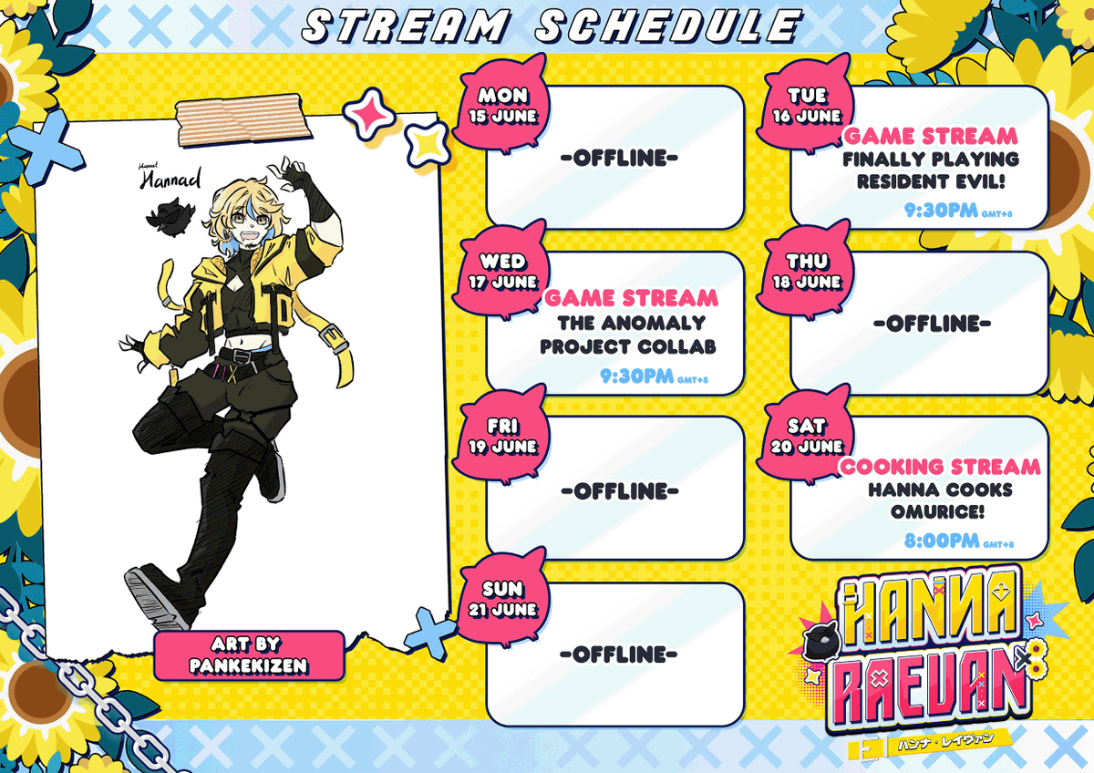 hanna_raevan's tweet photo. 💙Weekly Schedule💙
So many exciting thins to do this week!!

🐦‍⬛Playing RE2
🐦‍⬛Anomaly Project Collab ft. Eisya, Nebula, Syaebii, Monathemonkeh
🐦‍⬛Hanna's first Cooking Stream!

🎨: Pankekizen https://t.co/8k1eGnz7mF