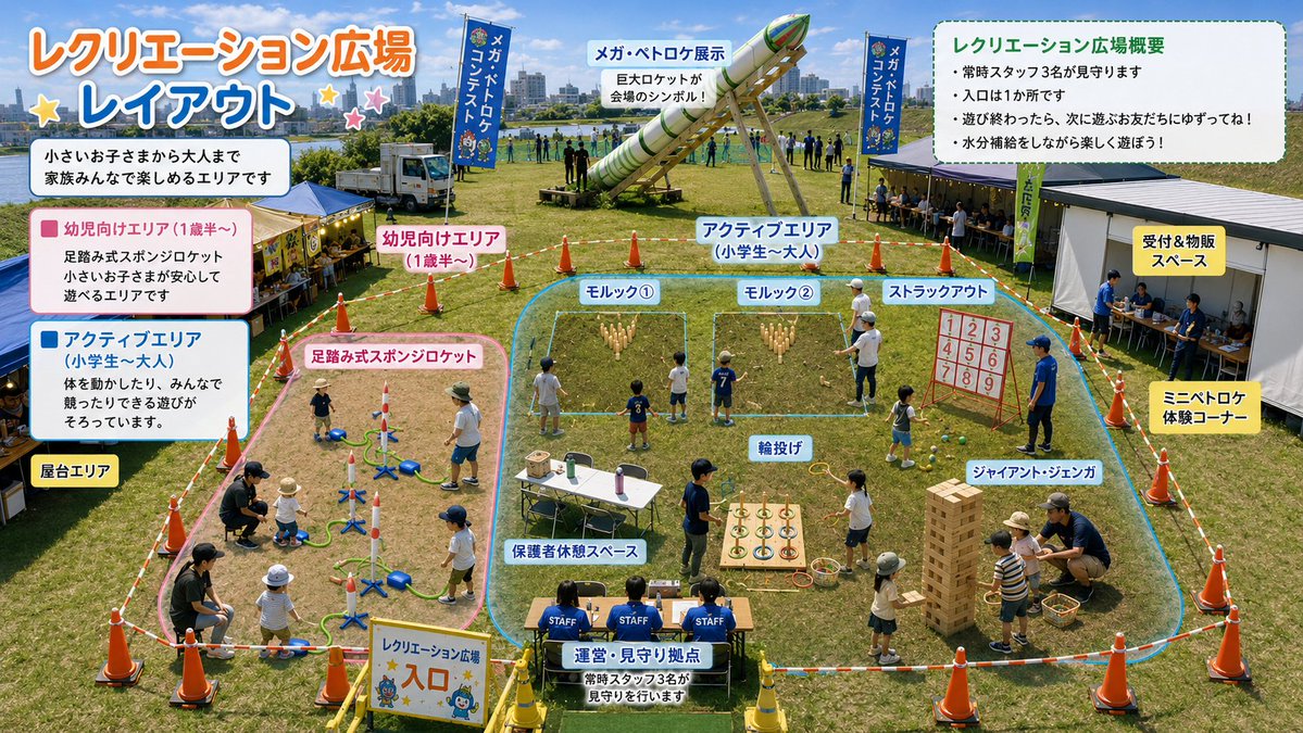 petoroke's tweet photo. メガ・ペトロケコンテスト本大会まで、あと13日ピー🚀

6/28は、巨大ロケットを見るだけじゃないピー。

会場には、メガ・ペトロケ以外にも楽しめる
**レクリエーション広場**を用意する予定ピー！

用意している遊びは、

・モルック 2セット
・輪投げ
・ジャイアントジェンガ
・ストラックアウト
・足踏み式スポンジロケット

子どもも、大人も、家族みんなで楽しめる内容にしているピー。

「競技には出ないけど見に行ってみたい」
「子ども連れで遊びに行きたい」
「巨大ロケットも見たいし、ついでに遊びたい」

全部歓迎ピー。

一般観覧は無料。
キッチンカーもあるピー。

6/28、横芝光町で、飛んで、遊んで、食べて楽しんでほしいピー🔥

#メガペトロケ #メガピー #横芝光町 #親子イベント #子どもとお出かけ #モルック #輪投げ #ジャイアントジェンガ #ストラックアウト #堀江貴文イノベーション大学校