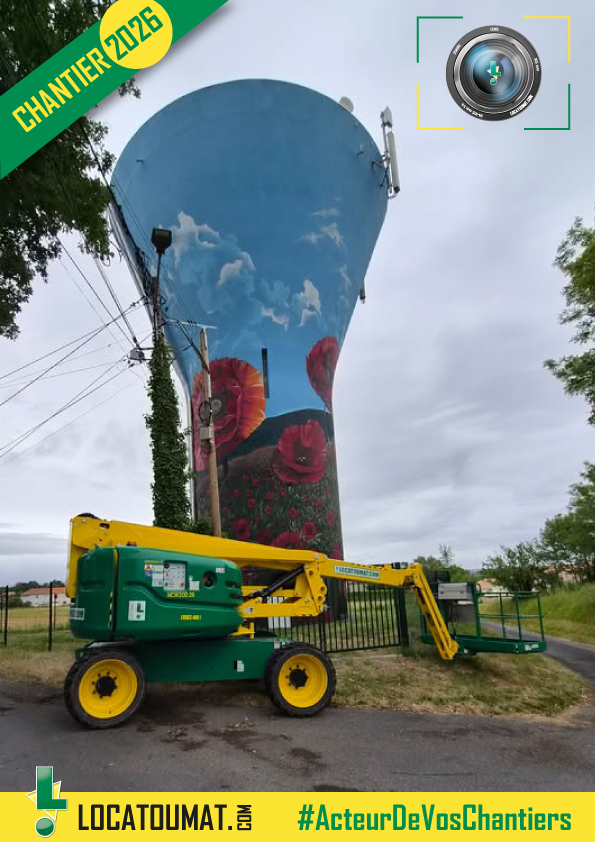 locatoumat's tweet photo. #chantier2026

#Nacelle 20 m en #location pour accompagner un
tatoueur ribéracois dans la réalisation d’une fresque sur le château d’eau des Penelles à Ribérac (24).

Un beau projet #artistique en hauteur, rendu possible
grâce à un #matériel #adapté et #sécurisé

📷 Stéphane H. https://t.co/ej7Bjm8UNz