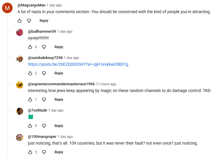 MagcargoMan's tweet photo. @YouTube @TeamYouTube Hi. I just wanted to know why so many racist neo-nazi accounts are allowed to run rampant on the site and get ignored when reported? Or why my comments calling them out get censored and hidden? https://t.co/dLc886VZK8