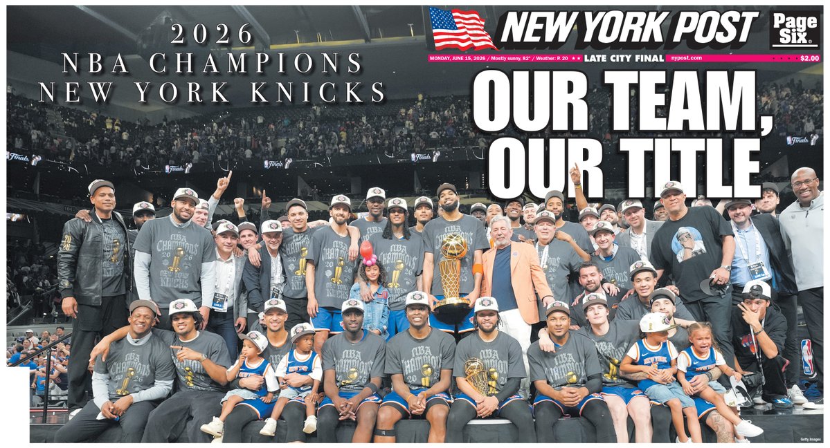 nypost's tweet photo. Knicks let loose in championship festivities after months of hypnotic focus and resiliency. Read today's cover here: https://t.co/8znYroJAkO https://t.co/IxETngGWkR