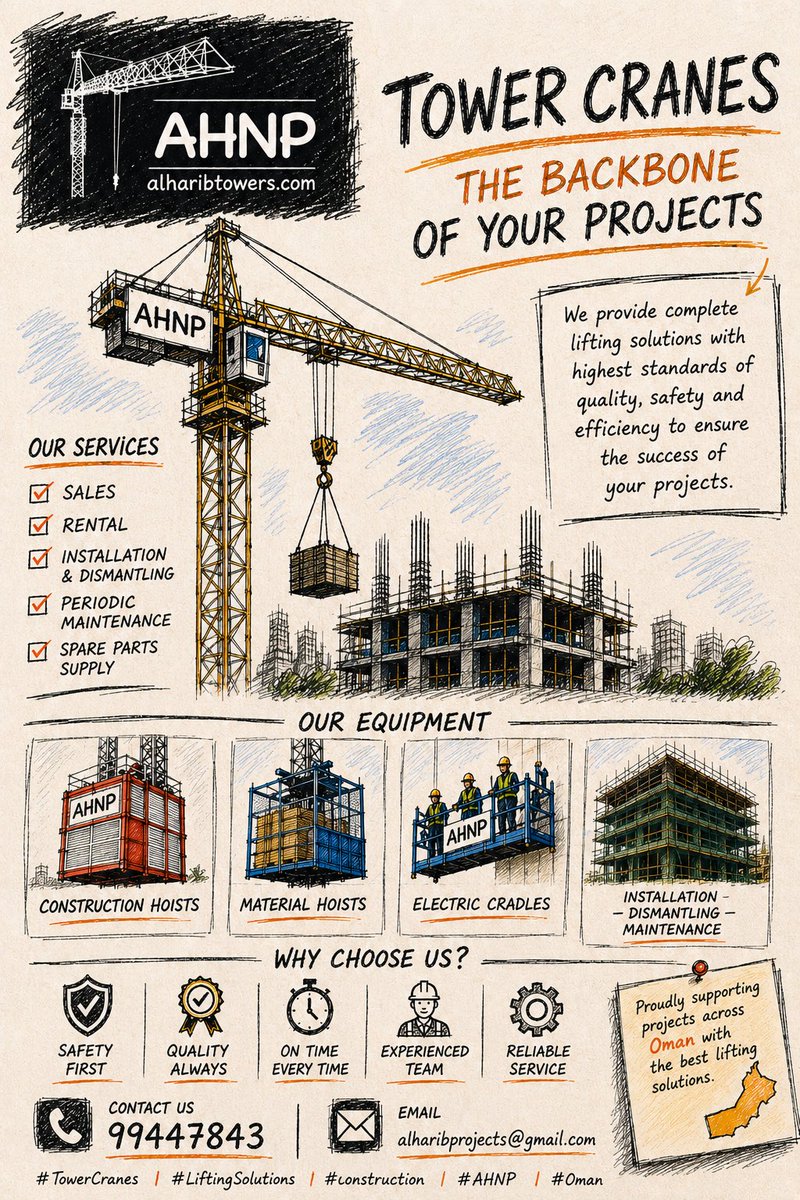 GroupHarib's tweet photo. 🏗️ كل مشروع ناجح يبدأ بحلول رفع موثوقة.
الرافعات البرجية | المصاعد الإنشائية | السقالات الكهربائية المعلقة
📞 99447843
#AHNP #TowerCranes #Construction #Oman @riyadaom 
#الرافعات_البرجية https://t.co/mqNitFaMl6