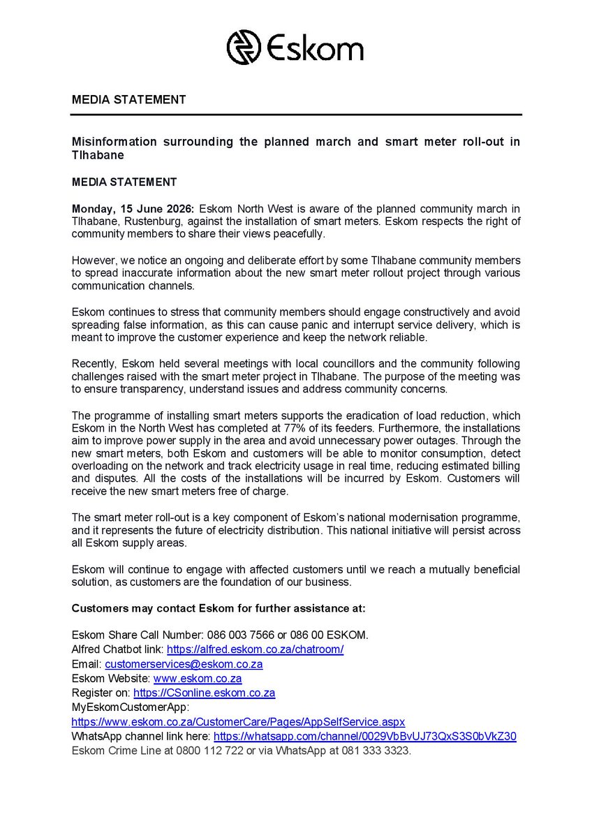 Eskom_SA's tweet photo. #EskomNorthWest #MediaStatement

Misinformation surrounding the planned march and smart meter roll-out in Tlhabane. https://t.co/jadK8cxfgb