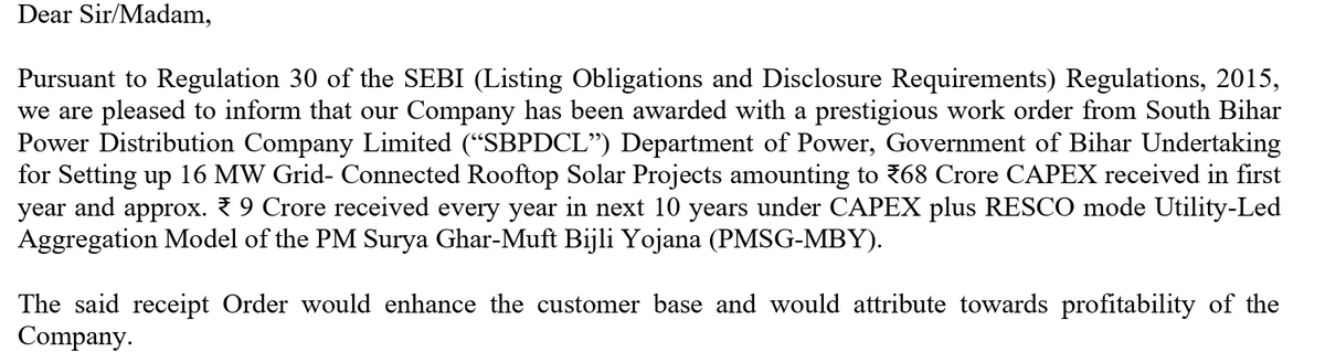 saur_agar7's tweet photo. Just saw update from Australian Premium Solar (India) Limited 
Seems Bihar DISCOMS have woken up for Rooftop solar theme.
Good for the sector,also note these projects are under RESCO model(ie Whole end to end project and ownership under Australian Premium Solar (India) Limited or Oswal , ie Margin accretive ,annuity based model.)
Only concern remains is counter party risk,especially in states where A&T lossses are high.