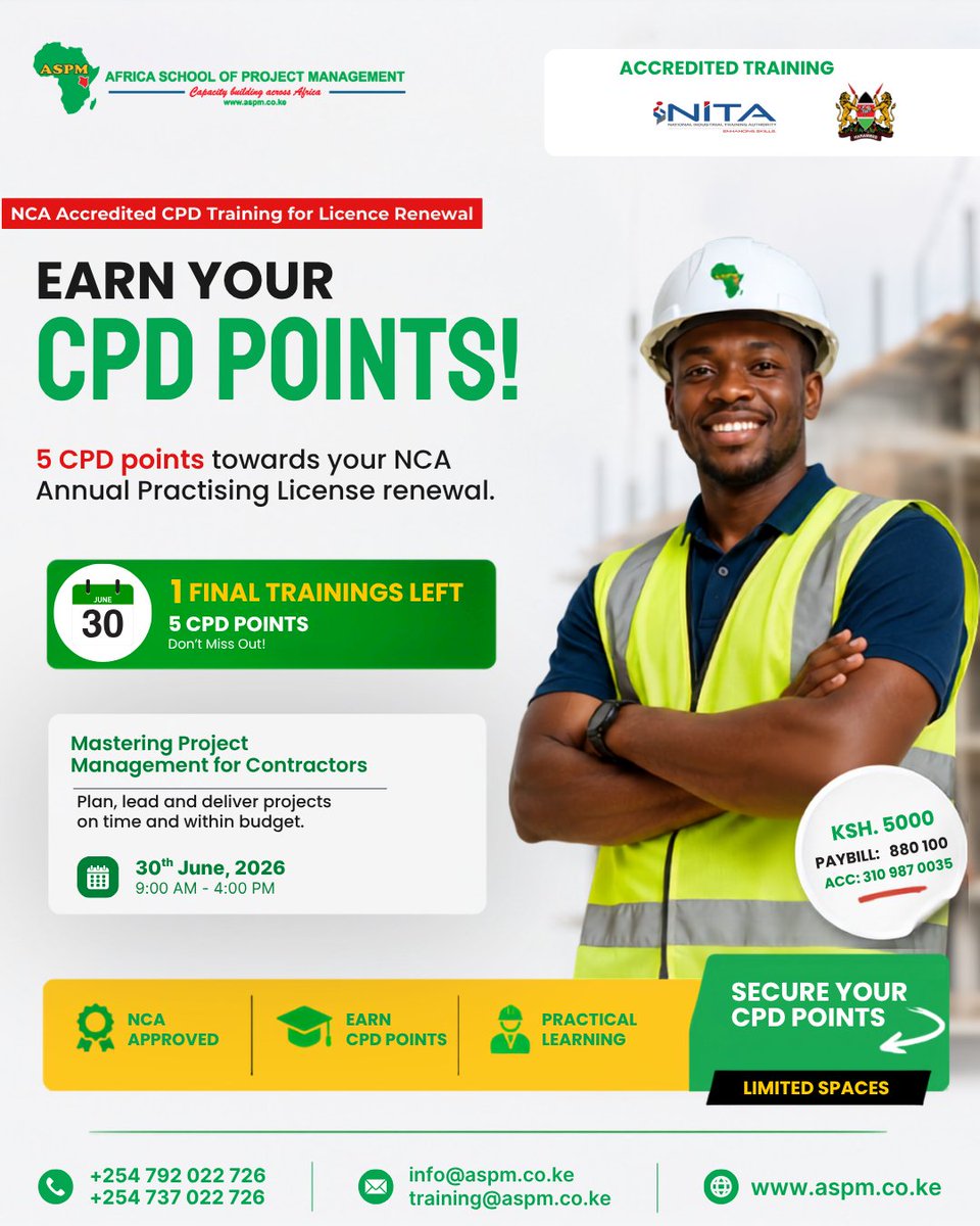 aspm_ke's tweet photo. Still missing a few CPD points before licence renewal?

The NCA renewal window is almost here, and this is your final opportunity to earn 5 CPD points towards renewal.

Don’t wait until the last minute.

Secure your spot today: https://t.co/73fIj5zBqZ

#ContractorsKE #NCATraining https://t.co/CDiE1kBG0F