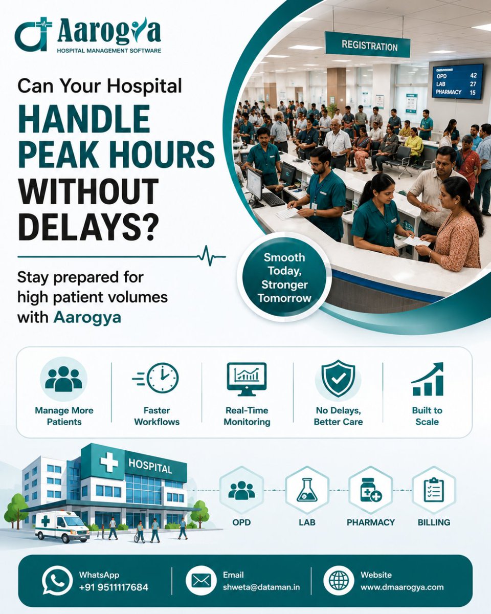 aarogyahms's tweet photo. Peak hours can slow down hospital operations if systems are not optimized. Aarogya helps manage patient flow efficiently.
✔️ Patient flow management
✔️ Queue optimization system
✔️ Faster registration process
✔️ Real-time workload visibility
#AarogyaHIMS #PatientFlow #SaaS #ERP https://t.co/qhwpAtIY5l