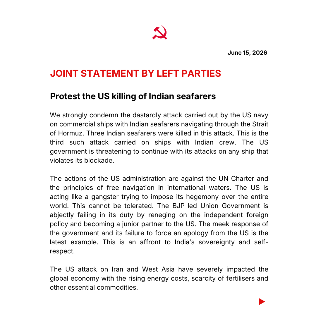 cpimspeak's tweet photo. The five left parties – Communist Party of India (Marxist), Communist Party of India, Communist Party of India Marxist-Leninist (Liberation), All India Forward Bloc, Revolutionary Socialist Party – have issued the following joint statement: https://t.co/QHvUqMl73C