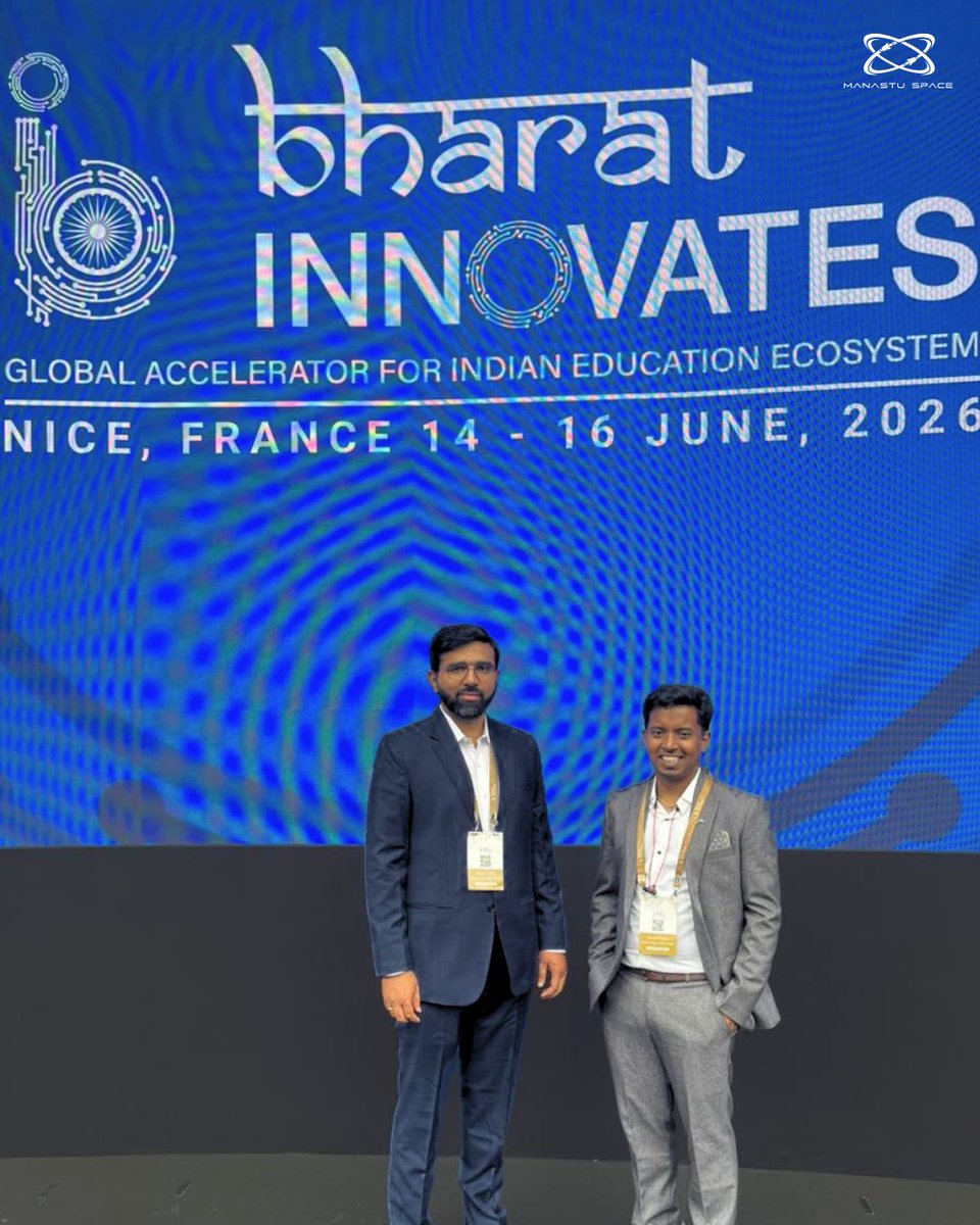 ManastuSpace's tweet photo. Manastu Space is on the global stage at @BharatInnov2026 representing India among major deep-tech startups.

PM Modi's unwavering belief in Bharat's space startups, has made moments like this possible.

We thank everyone who believed in us and our green propulsion technology. https://t.co/jg2B3vpoYx