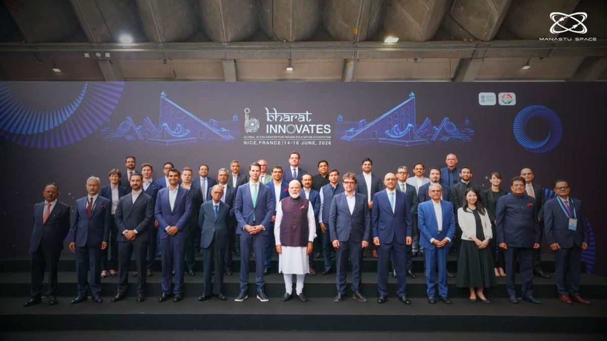 ManastuSpace's tweet photo. Manastu Space is on the global stage at @BharatInnov2026 representing India among major deep-tech startups.

PM Modi's unwavering belief in Bharat's space startups, has made moments like this possible.

We thank everyone who believed in us and our green propulsion technology. https://t.co/jg2B3vpoYx