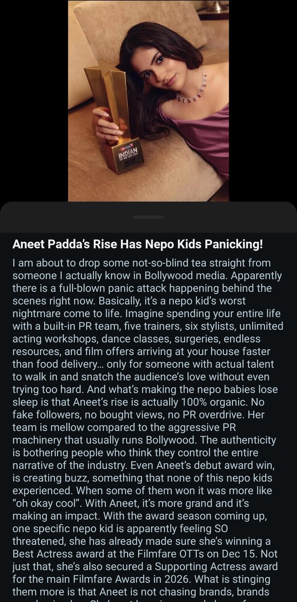 kithblisss's tweet photo. Aneet's pr spent months bringing down every female actress to prop her up😭 every week her pr had a new actress being "jealous, insecure or threatened" by her. We actually gotta thank sara arjun for humbling talentless aneet and her vile pr who hasn't slept a day since saiyaara https://t.co/oxeH6cjjsi