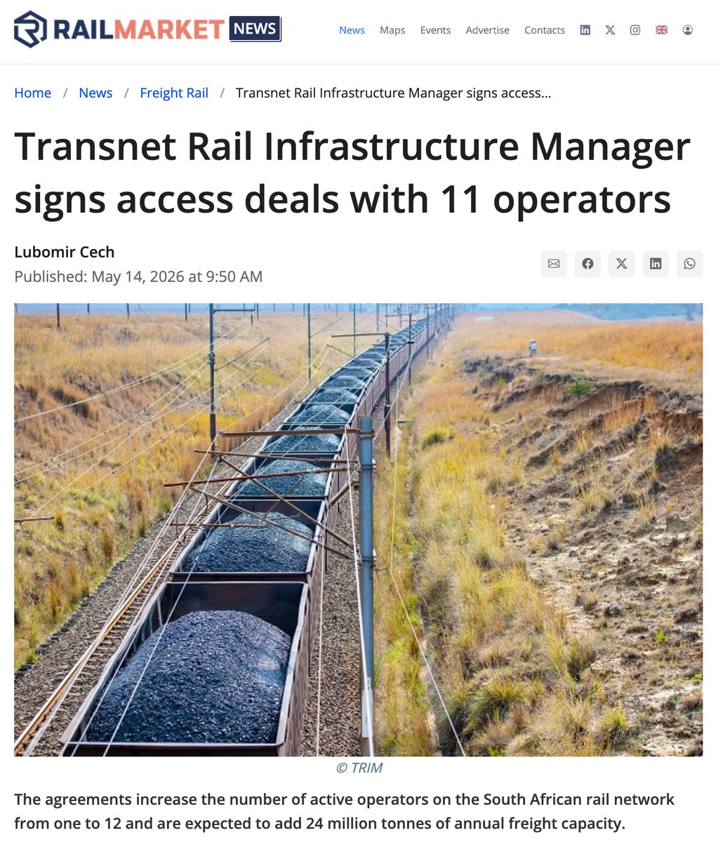 menarports_rail's tweet photo. The pact between #Transet and 11 private Train Operating Companies in South Africa strengthens the commitment to enhancing rail logistics and connectivity.
Article by @RAILMARKETCOM: https://t.co/HMBdCiqPN3
#menar #ReindustrialiseSA https://t.co/5h51Qf5Xb3