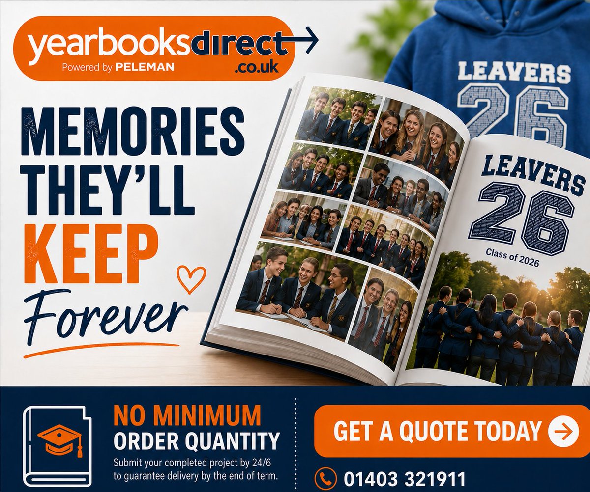 PTApatter's tweet photo. 📷 School Leavers' Yearbooks 2026
NO MINIMUM ORDER QUANTITY
• No minimum order quantity • Leavers' hoodies also available • Easy online creation • Submit your completed project by 24 June to guarantee delivery before the end of term
Find out more at https://t.co/0XLSvszgKg https://t.co/gRgxhr4TZf