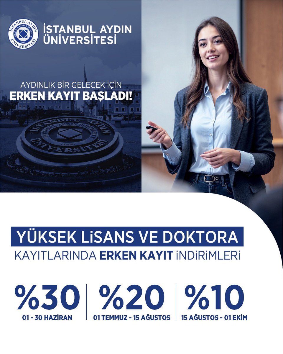 IAUKampus's tweet photo. Lisans Bitti, Şimdi Yükselme Zamanı! 🎓✨
Akademik kariyerinizde bir üst seviyeye çıkmaya hazır mısınız? İstanbul Aydın Üniversitesi Lisansüstü Eğitim Enstitüsü olarak, geleceğinizi şekillendirmeniz için kapılarımızı açıyoruz! 
Neden İAÜ Lisansüstü? 
🔹 İAÜ Mezunlarına Özel: %50 burs ayrıcalığı ile eğitiminize güç katın! 
🔹 Geniş Program Yelpazesi: 86 Tezli, 68 Tezsiz Yüksek Lisans ve 38 Doktora programı arasından size en uygun olanı seçin. 
🔹 Esnek Hibrit Eğitim: İş ve sosyal hayatınızı aksatmadan; haftada 2 akşam yüz yüze, 1 akşam online eğitim modeliyle yüksek lisansınızı tamamlayın. 
🔹 Erken Kayıt Avantajı: Hemen başvurun, %30’a varan erken kayıt indirimlerinden faydalanın! 

⏳ Son Başvuru Tarihi: 18 Eylül 2026
Kontenjanlarımız sınırlı! Hayallerinizi ertelemeyin, uzmanlığınızı taçlandırmak için ilk adımı bugün atın. 

👉 Başvuru için: https://t.co/wHShcaXEht 
📧 Detaylı sorularınız için: iauenstitu@aydin.edu.tr

#İstanbulAydınÜniversitesi #LisansüstüEğitim #YüksekLisans #Doktora #AkademikKariyer