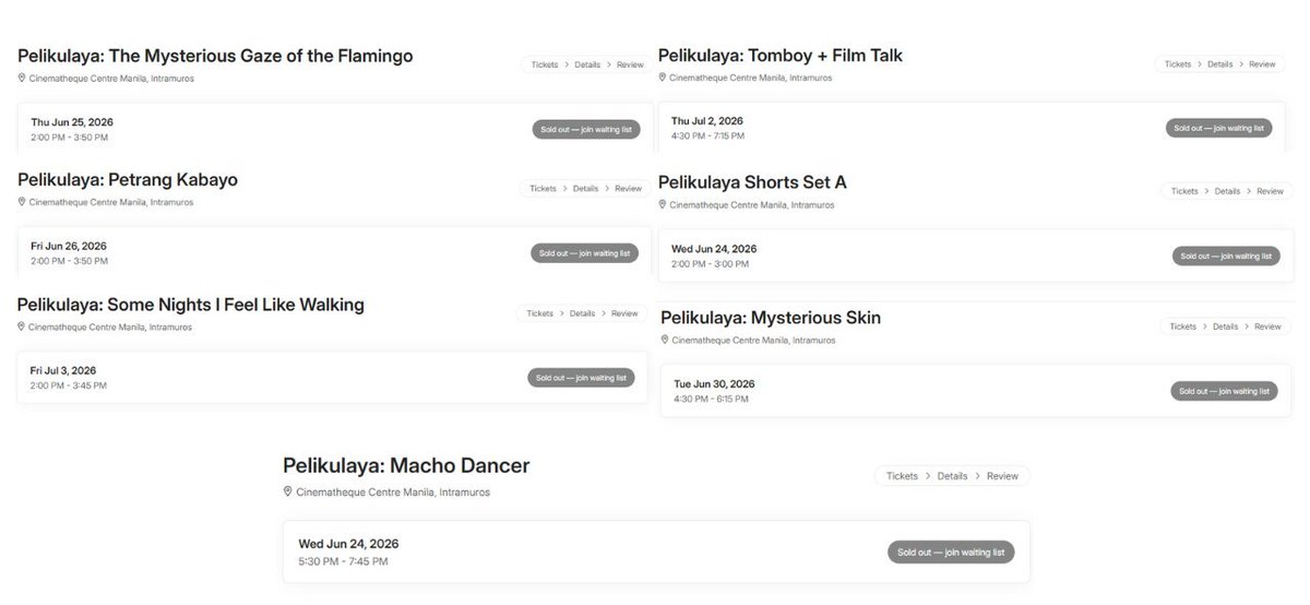 richardmz13's tweet photo. ICYMI: PELIKULAYA 2026 TICKETS AT CCM ARE SOLD OUT!   

All 15 free screenings were fully booked shortly after tickets opened to the public at 12 NN  

Walk-in &amp; waitlist lines will open 10 mins before each screening, subject to availability, on a first-come, first-served basis https://t.co/B5dcYJXs9R