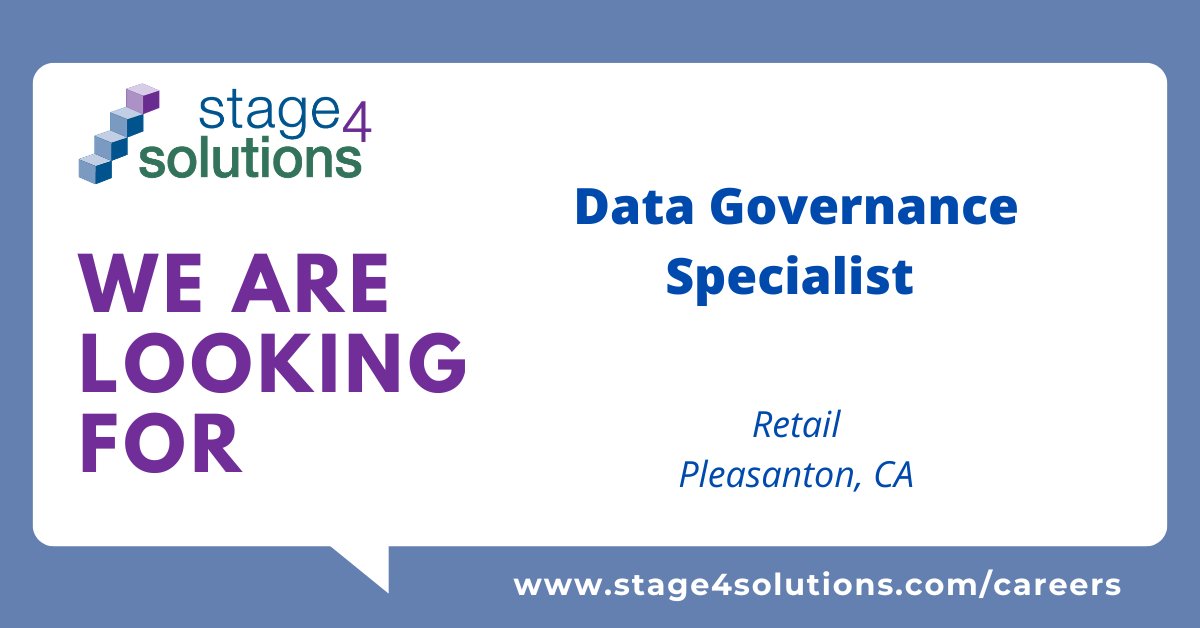 Stage4Solutions's tweet photo. Needed: Data Governance Specialist – Retail (Onsite – Pleasanton, CA)
To learn more and to apply, please go to: https://t.co/f8EQxGfNsV (Please apply to the Data Governance Specialist – Retail (Onsite – Pleasanton, CA)) role
#hiring #careeropportunities https://t.co/ACJBKDQzPn