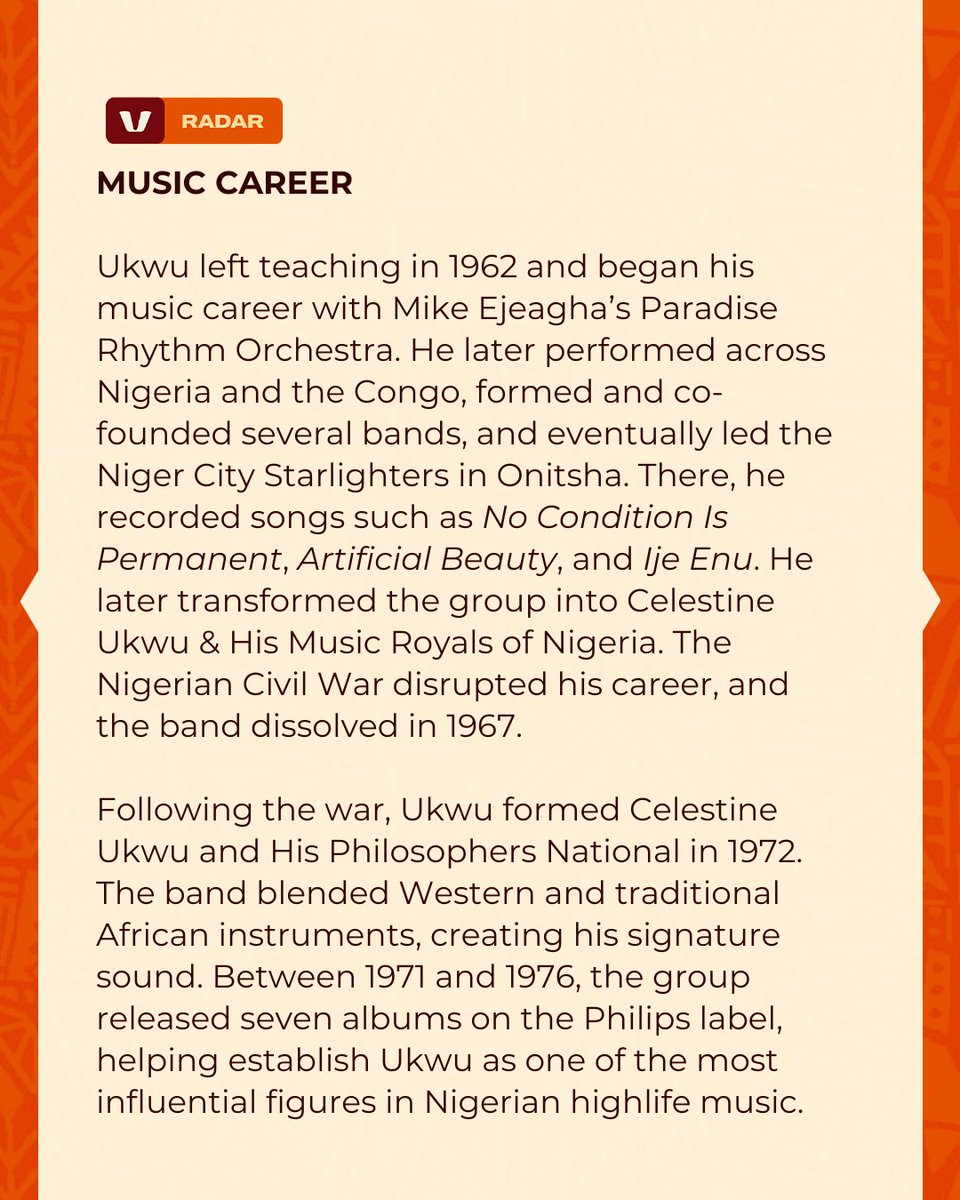 VoeRadar's tweet photo. Celestine Ukwu released “Ije Enu” in 1971 and It sold 200,000 copies in three months.
He died six years later at 36. 
  
Ukwu would have been unstoppable https://t.co/bgbyv5TNNW
