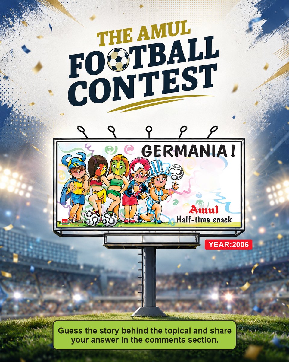 Amul_Coop's tweet photo. Friends, the epic Football World Cup is on!
As you know, Amul Topicals have captured football's most iconic moments over the years and now, it's your chance to win Amul Topical souvenirs! Isn’t it exciting? 

All you need to do is guess the football moment behind this topical and share your answer in the comments section. Get it right, and you could be one of our winners!

Contest Rules:
1. Submit your answer in the comments section by 12:00 Noon the following day.
2. The Top 3 winners will be announced tomorrow and will receive Amul Topical souvenirs.
3. The Top 3 winners will be decided if their answer is closest to the correct theme and among the fastest to respond.
4. In addition, the correct answer should also receive the maximum number of likes.

Good luck, and may the best football fans win!