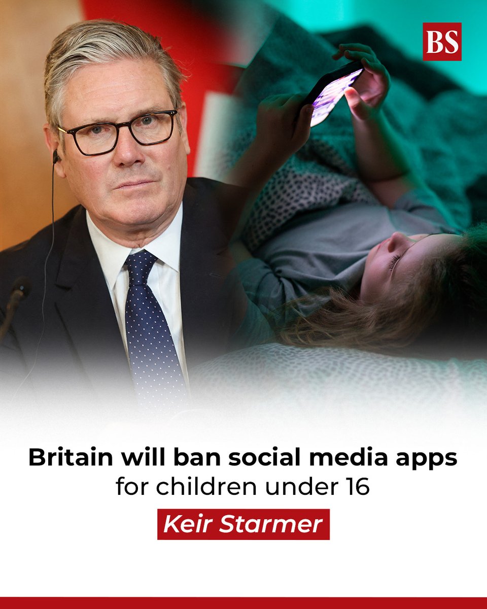 bsindia's tweet photo. Prime Minister Keir Starmer says Britain will ban under-16s from using a range of social media apps, in order to to tighten online safety for children.
https://t.co/ylPoimtKhP
#SocialMedia #SocialMediaBan #KeirStarmer #Teenagers #PhoneAddiction https://t.co/fZhINfhBcq