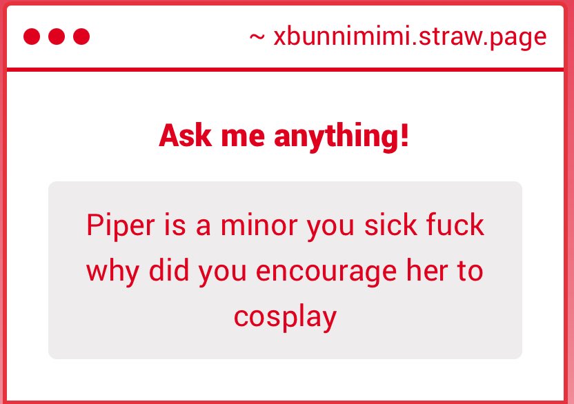 xbunnimimi's tweet photo. from the information I’ve gathered so far she’s just an adult larping as a teen and ppl fell for the bait. 

Also, cosplaying is not an 18+ hobby. I’ve cosplayed since I was 14-15. This all goes back to that tweet I made a while ago about people associating cosplay with porn. It’s a perfectly wholesome hobby to anyone who’s not porn rotted and it’s unfortunate that simps and whores have ruined its reputation.