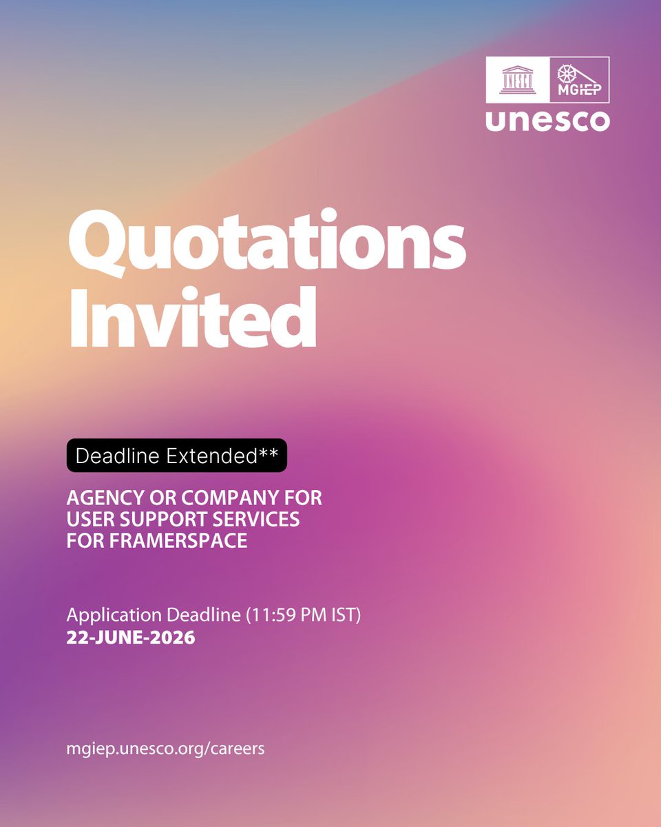 UNESCO_MGIEP's tweet photo. Deadline Extended!

UNESCO MGIEP is looking for an Agency or Company for User Support Services, for our indigenously designed, artificial intelligence-powered digital co-creation platform, FramerSpace.

For more details and to apply: https://t.co/h9Ppv4kGxS

#EducationForPeace https://t.co/XX8yYftTOs