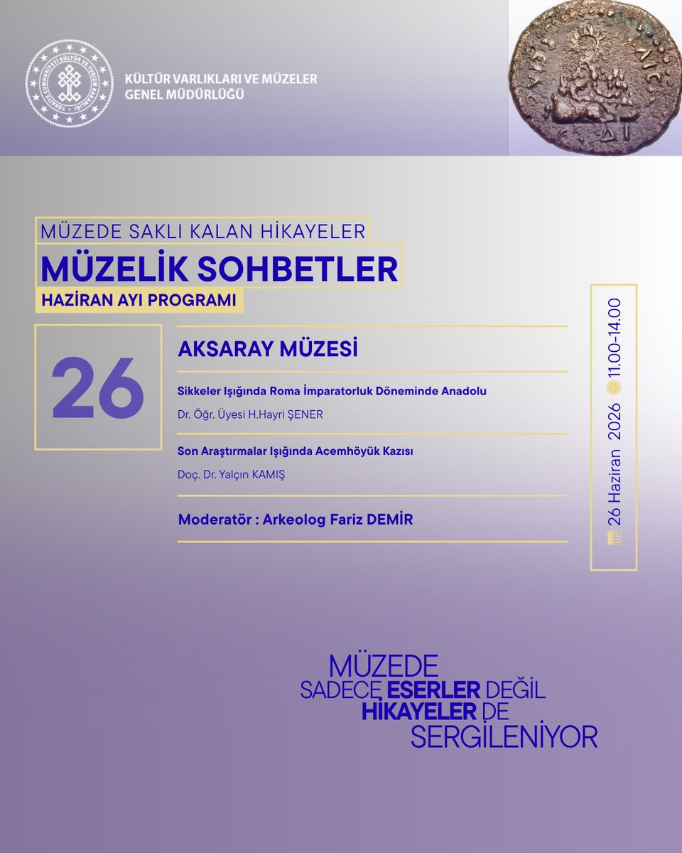 kvmgm's tweet photo. Müzelerimizde Haziran ayı boyunca Müzelik Sohbetler devam ediyor. 🏛️
                               
Alanında uzman konukların katılımıyla yapay zekâdan antik kent kazılarına uzanan zengin içerikli söyleşiler; Uzunyuva Anıt Mezarı ve Müze Kompleksi, Kastamonu, Isparta, Tekirdağ, Aksaray ve Kafkas Cephesi Harp Tarihi müzelerimizde ziyaretçilerle buluşuyor.

Tüm tarih ve arkeoloji meraklılarını müzelerimize bekleriz.

#MüzelikSohbetler