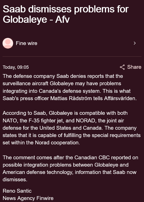 GripenNews's tweet photo. 🇨🇦 #Globaleye compatible with #NATO, F-35, #NORAD - Saab

Background: Recently some American consultant argued that Saabs AEW&amp;C aircraft - made in two NATO countries - would not be compatible. 

Pic is Google Translate: Source. https://t.co/kyrkUUJhNF https://t.co/FZbOIVyL00