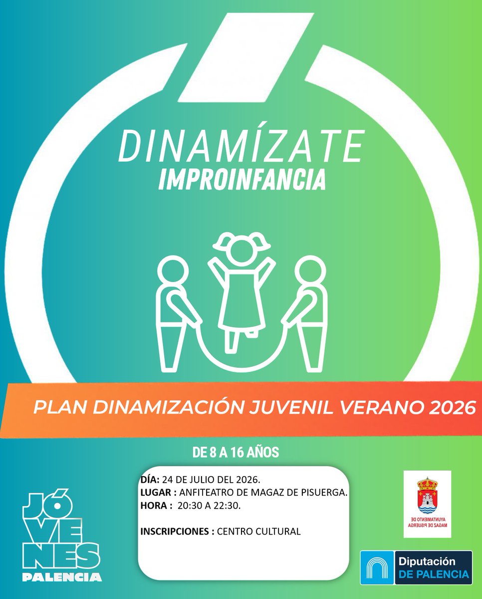 aytomagaz's tweet photo. ✨ ¡Vuelve la diversión con Dinamízate Improinfancia en Magaz de Pisuerga!
🗓️ 24 de julio. 🕗 20:30h a 22:30h. 📍 Anfiteatro municipal. 👥 Para edades entre 8 y 16 años.
📝 Inscripciones ya abiertas en el Centro Cultural.
#MagazDePisuerga #Juventud #Palencia #Verano2026 https://t.co/vW3OUf7fln