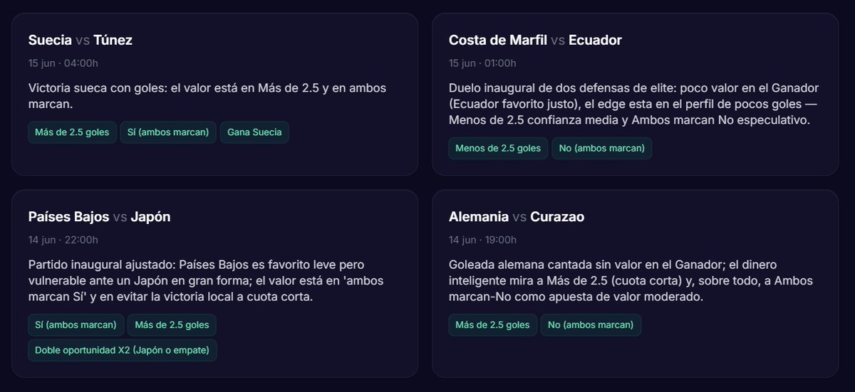 messijudio's tweet photo. He utilizado Claude para predecir el mundial y estos son los resultados 👇
Alemania-Curazao: 1/2
Países Bajos-Japón: 3/3
Costa de Marfil-Ecuador: 2/2
Suecia-Túnez: 3/3
Resultado: 9/10✅

He creado una web donde podeis acceder a esto y más gratis 👊
@Cuota_Edge 
#mundialdefútbol https://t.co/eCvJUaD1hf
