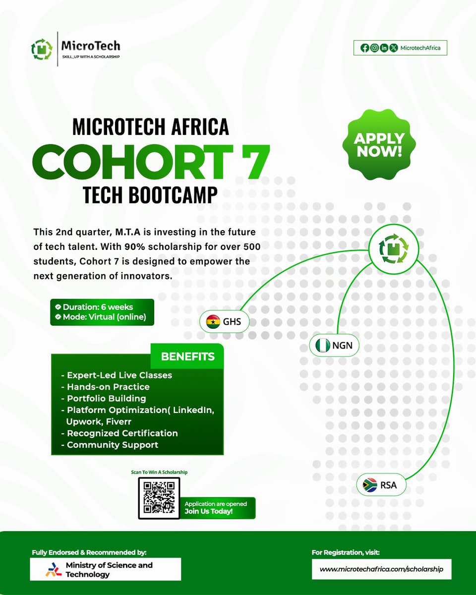 MicrotechAfrica's tweet photo. Ready to build a tech career without breaking the bank?

Applications are now open for MicroTech Africa Cohort 7 with up to 90% scholarship opportunities available!

Don’t just watch the future happen, be part of it.

Apply now: https://t.co/90FY5S1e54 https://t.co/BREjWVmgKj
