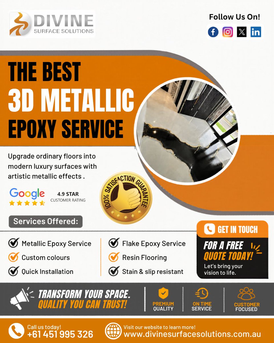 DivineSolution_'s tweet photo. ✨ Transform ordinary floors into stunning luxury surfaces with our premium 3D Metallic Epoxy finishes.

✔️ Durable &amp; Elegant
✔️ Custom Colours

📩 Get your FREE quote today!
📞 +61 451 995 326

#DivineSurfaceSolutions #EpoxyFlooring #MetallicEpoxy #ResinFlooring #LuxuryFloors https://t.co/vbWWZOyO0l