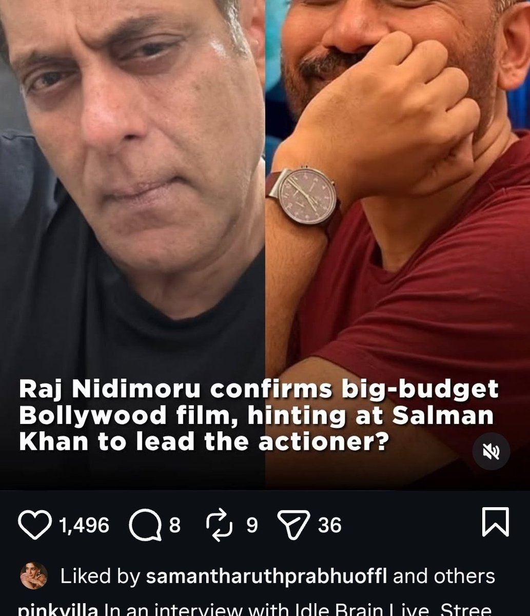 IBeingAdarsh_'s tweet photo. LATEST: Samantha Ruth Prabhu, wife of Raj Nidimoru, liked an Instagram post confirming that Raj &amp; DK are making a superhero movie with megastar Salman Khan!

This is the biggest news of the year. Can’t wait for them to officially announce it.. #SalmanKhan https://t.co/PuAhAhWX1Y