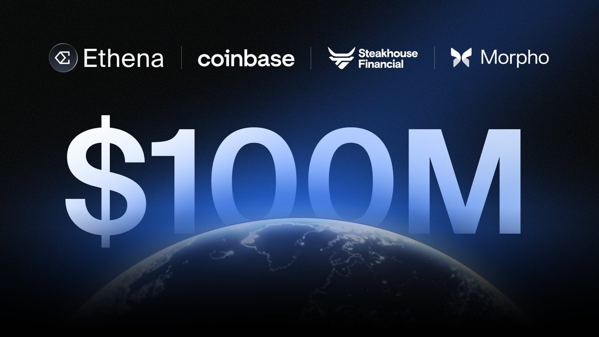 ethena's tweet photo. USDe on the @Coinbase Vault has crossed $100m in under 4 days since its launch. https://t.co/eAMI2IuHMO