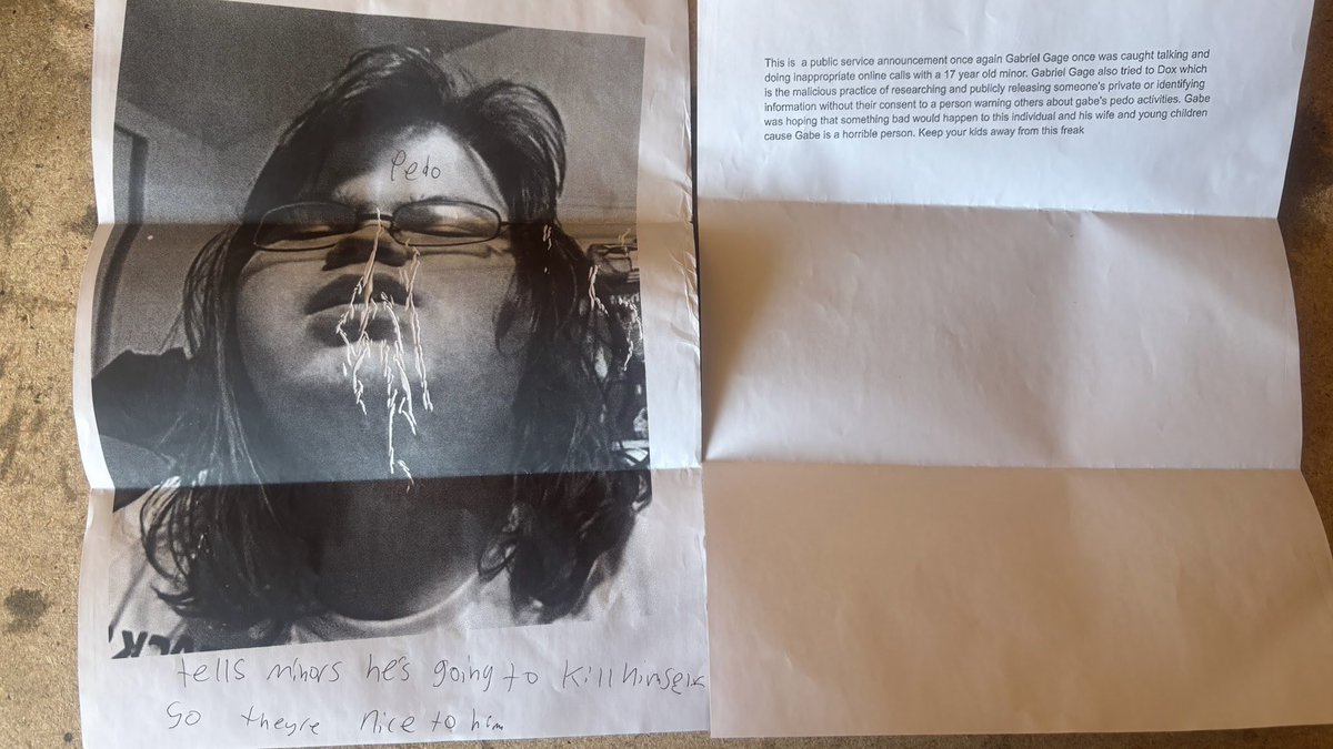 bucketoffilth's tweet photo. in the same day yesterday, there was also mail sent through nova's neighborhood where they'd receive two pieces of paper.

while it is..."informative" in one way or another, people had noticed that the "pedo" written on nova's forehead, the same way it's been written on the house https://t.co/x6fpMZLf5s
