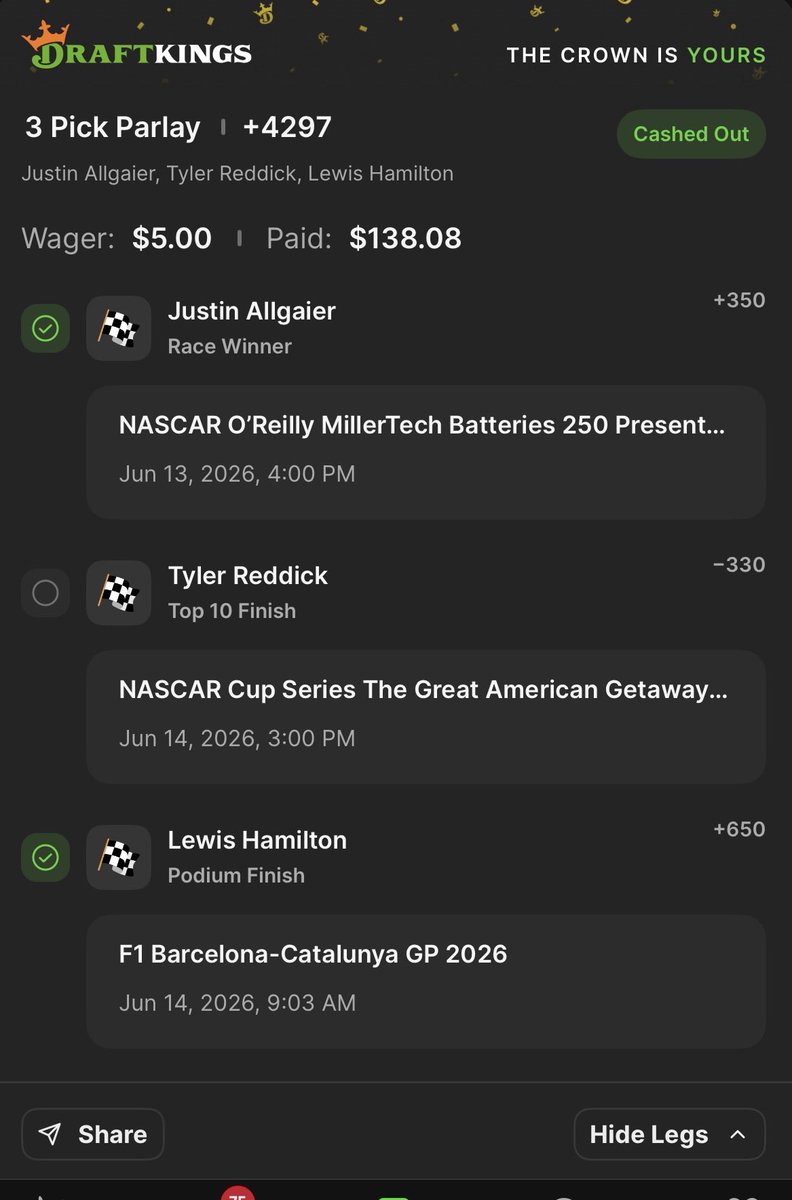 HD101412's tweet photo. @LuckyPenny1010 True did a few variations of the parlays, cashed this one after the f1 race, should’ve held out but oh well still up. https://t.co/3SP0NzNH2V