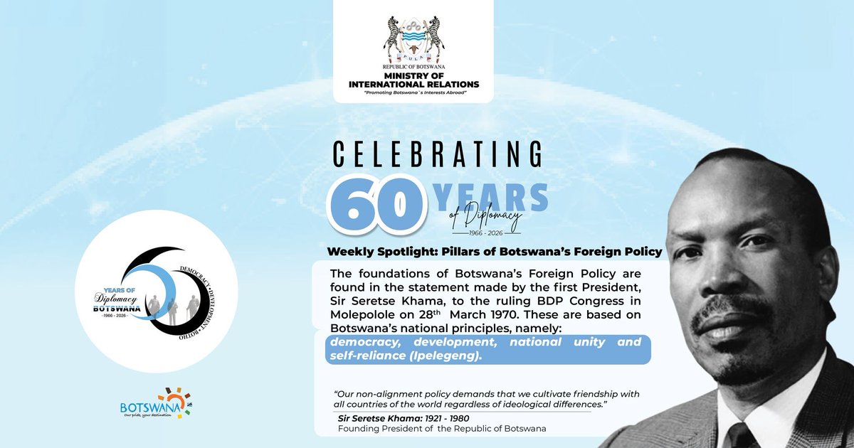 MIR_BW's tweet photo. CELEBRATING  60 YEARS OF DIPLOMACY - WEEKLY SPOTLIGHT
- BOTSWANA FOREIGN POLICY PILLARS - https://t.co/qkr5gJVU2N