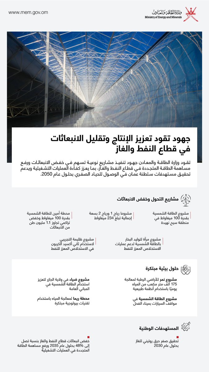 memgovom's tweet photo. تدعم وزارة الطاقة والمعادن تنفيذ مشاريع نوعية تسهم في خفض الانبعاثات ورفع مساهمة الطاقة المتجددة في قطاع النفط والغاز، بما يعزز كفاءة العمليات التشغيلية ويدعم تحقيق مستهدفات سلطنة عمان في الوصول للحياد الصفري بحلول عام 2050.

#memgovom https://t.co/KOAQHD8cOd