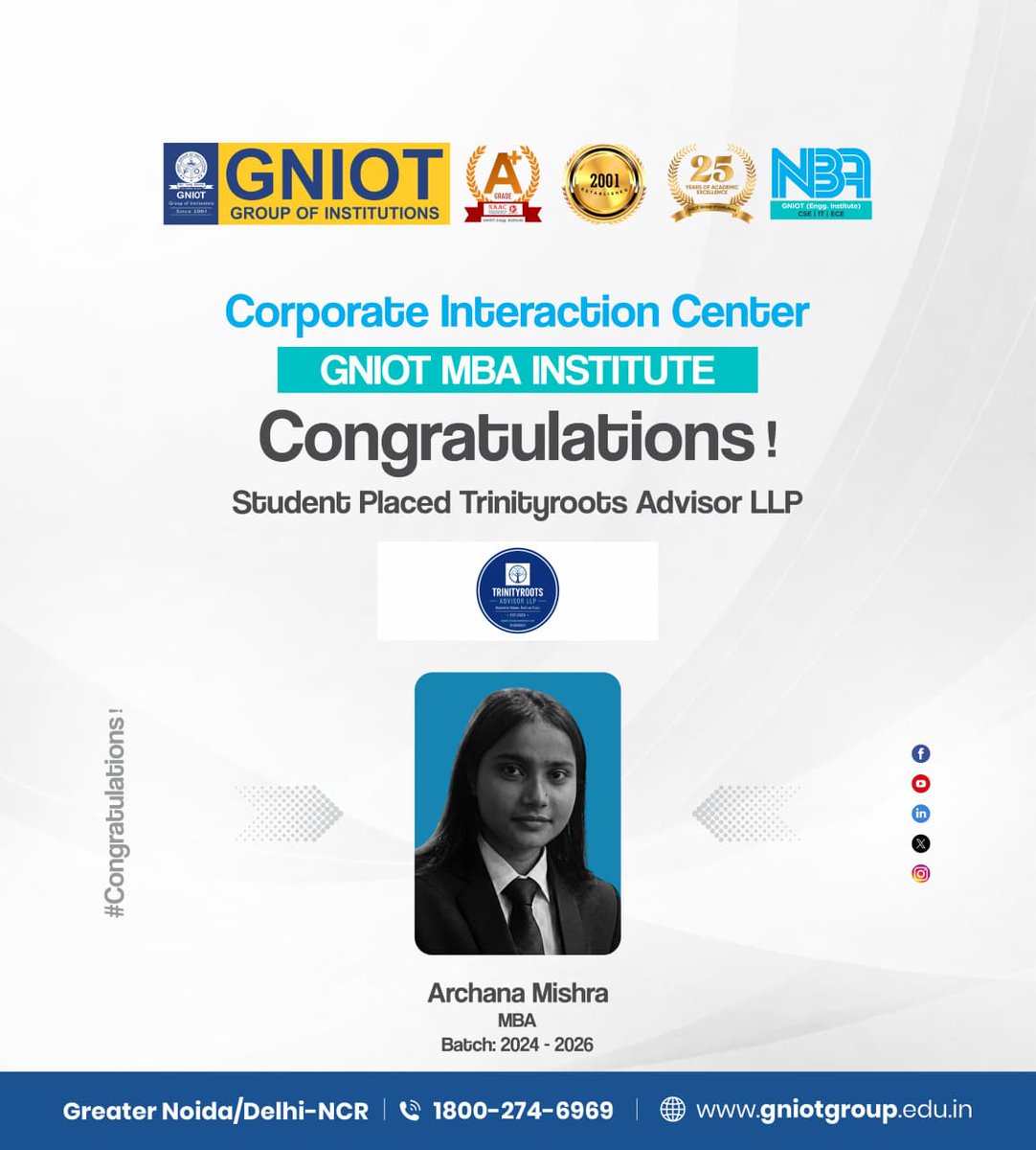 GNIOTCollege's tweet photo. GNIOT MBA Institute proudly congratulates students on securing placements at TrinityRoots. Their dedication and hard work have transformed aspirations into achievements, marking the beginning of a successful professional journey
#GNIOTMBA #PlacementSuccess #TrinityRoots https://t.co/9kvxeQY6DO