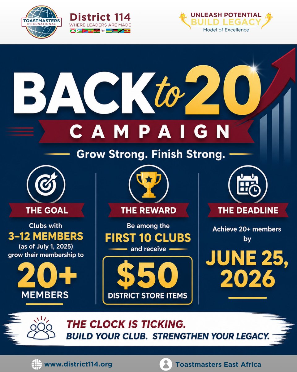 ToastmastersEA's tweet photo. 🔥 *Back to 20 — The Race is ON!* 

🥳*Which 7 Clubs are yet to win the campaign?...*⁉️❓🏃‍♀️🏃🏃‍♀️🏃

🔥It’s time to build, grow, and finish strong!

🔥*If your club started with 3–12 members as of July 1,2025*, this is your moment to rise; https://t.co/xXZtRZs1Bh