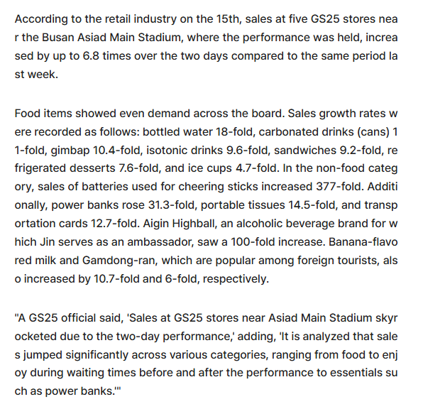 shadow_twts's tweet photo. According to the retail industry, sales at five GS25 stores near the Busan Asiad Main Stadium, where @BTS_twt performance was held, increased by up to 6.8 times over the two days compared to the same period last week.

Sales of Jin's brand IGIN also saw a 100-fold increase. https://t.co/fvDH57kuAP