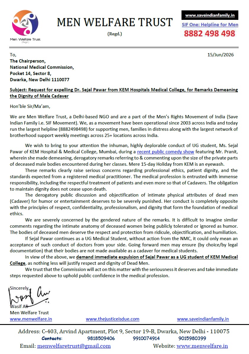 MenWelfare's tweet photo. We hereby request direct intervention and immediate action of expulsion of the UG Student, Ms. Sejal by @NMC_IND  since @KEMHOSPITAL has chosen just a 15 day holiday for derogatory remarks of the student against Male Cadaver.

Any apology won't work here since the comment was about a very generic approach that Ma. Sejal has for male dead bodies.

This is the time where the Medical fraternity is at the crossroads of either favoring a gender or the risk of men adding, No Cadaver clause to their last wishes!!

We hope to have swift and appropriate action and not an eyewash.