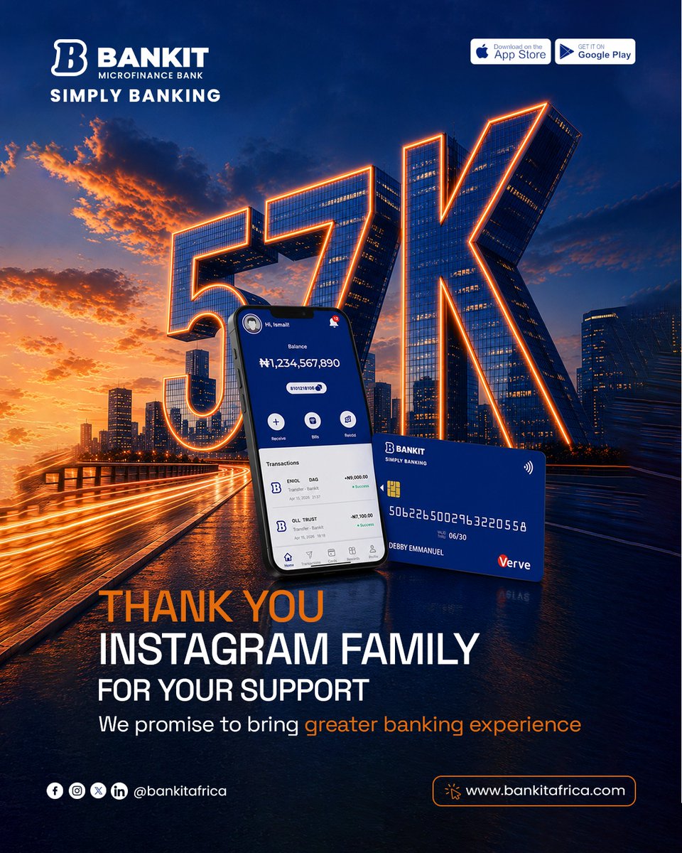 BankitAfrica's tweet photo. Celebrating milestones with our amazing community. Thank you for being part of our journey to redefine banking convenience. The future of banking is simply Bankit!
#BankingMadeSimple #DigitalInnovation #BankitAfrica #CustomerFirst #FinancialFreedom https://t.co/KtcugC6ANi