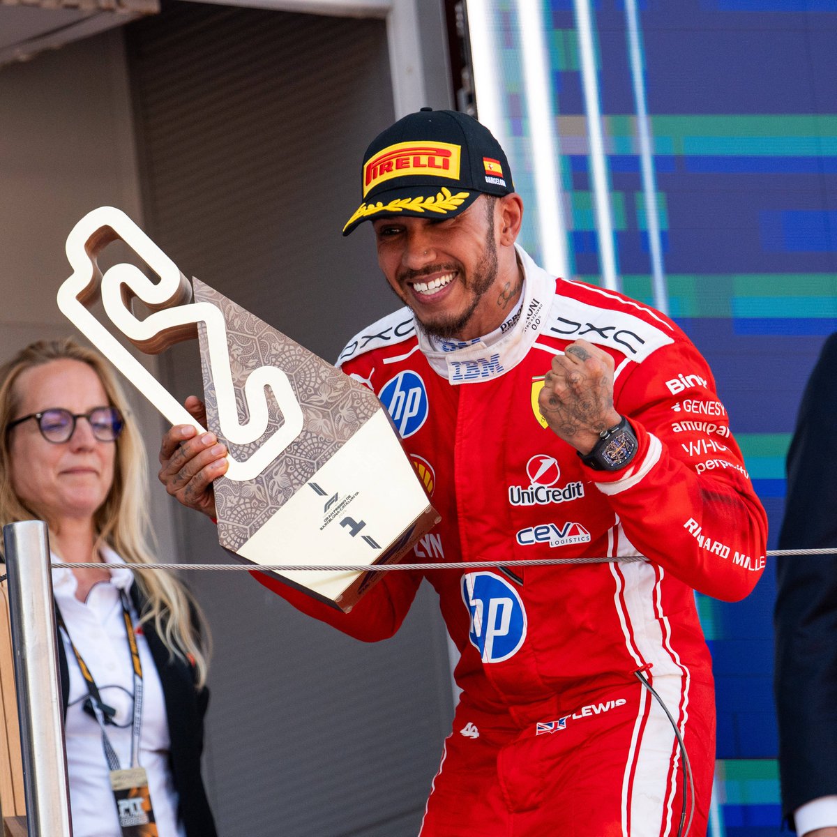 pubity's tweet photo. Lewis Hamilton became the oldest F1 winner since Jack Brabham in 1970, with his first ever win for Ferrari at the Barcelona GP.

He is 41 years old. https://t.co/1y1onaYEna
